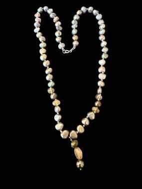 Vintage Midnight Freshwater Baroque Pearl Quartz Beaded Necklace 925 Clasp 17”